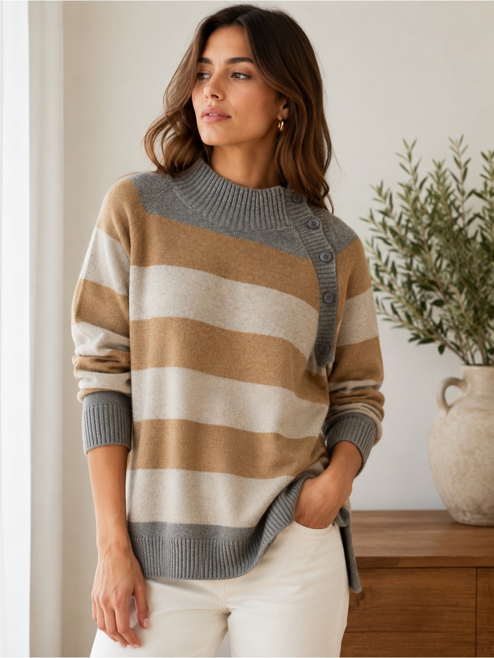 Loro Piana Baby Cashmere Striped Sweater Gray Camel Ivory Size L Italy